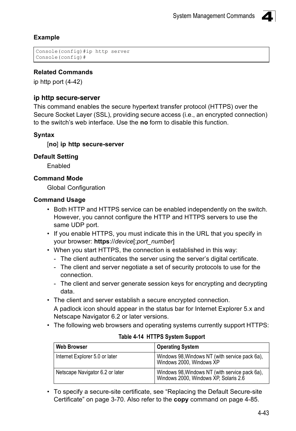 Ip http secure-server, Table 4-14, Https system support | Accton Technology Edge-corE Fast Ethernet Switch ES3528M-SFP User Manual | Page 339 / 644