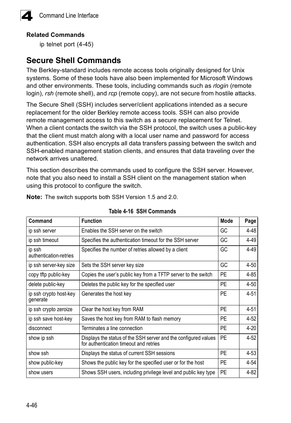 Secure shell commands, Table 4-16, Ssh commands | Accton Technology Edge-corE Fast Ethernet Switch ES3528M-SFP User Manual | Page 342 / 644