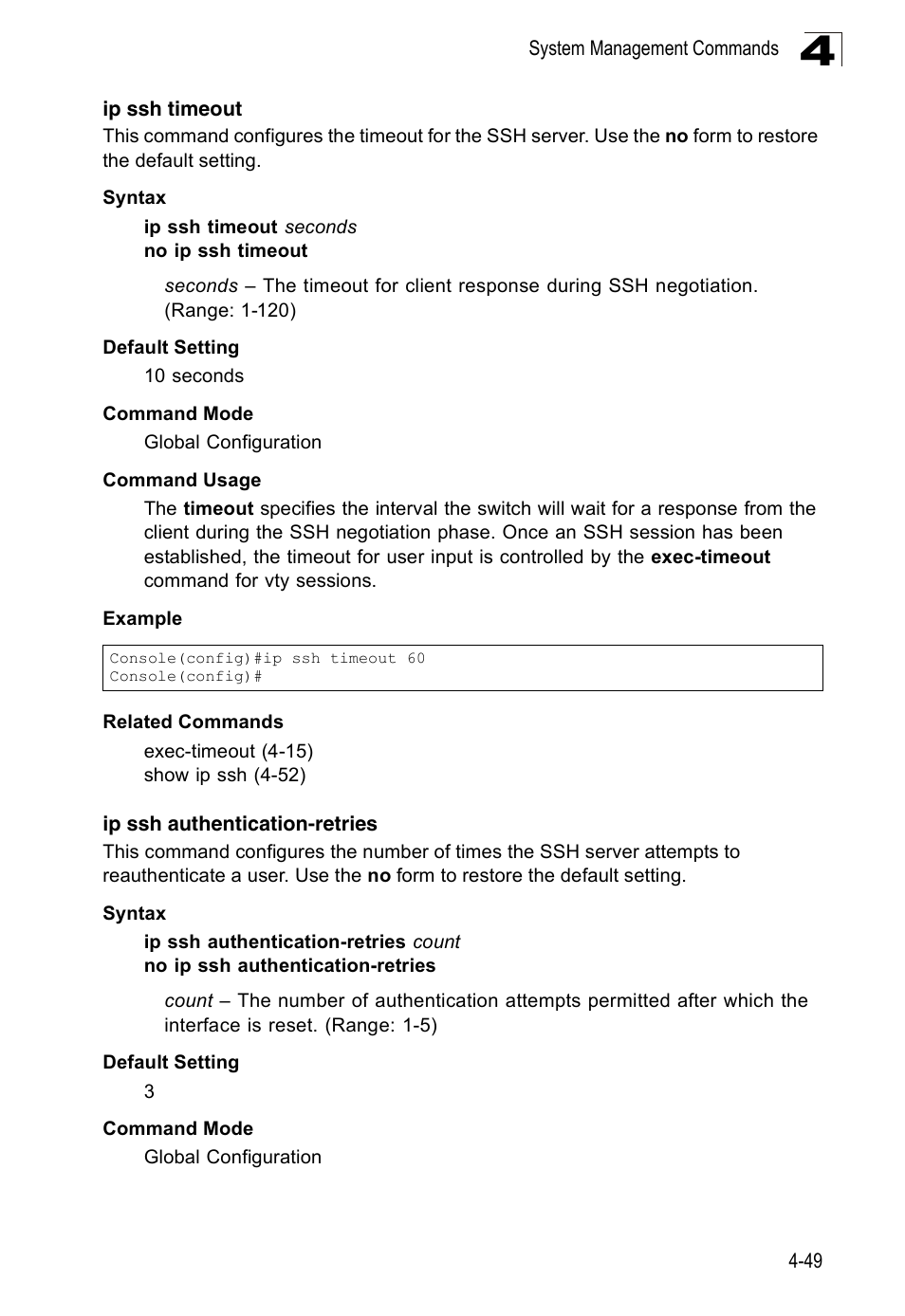 Ip ssh timeout, Ip ssh authentication-retries | Accton Technology Edge-corE Fast Ethernet Switch ES3528M-SFP User Manual | Page 345 / 644