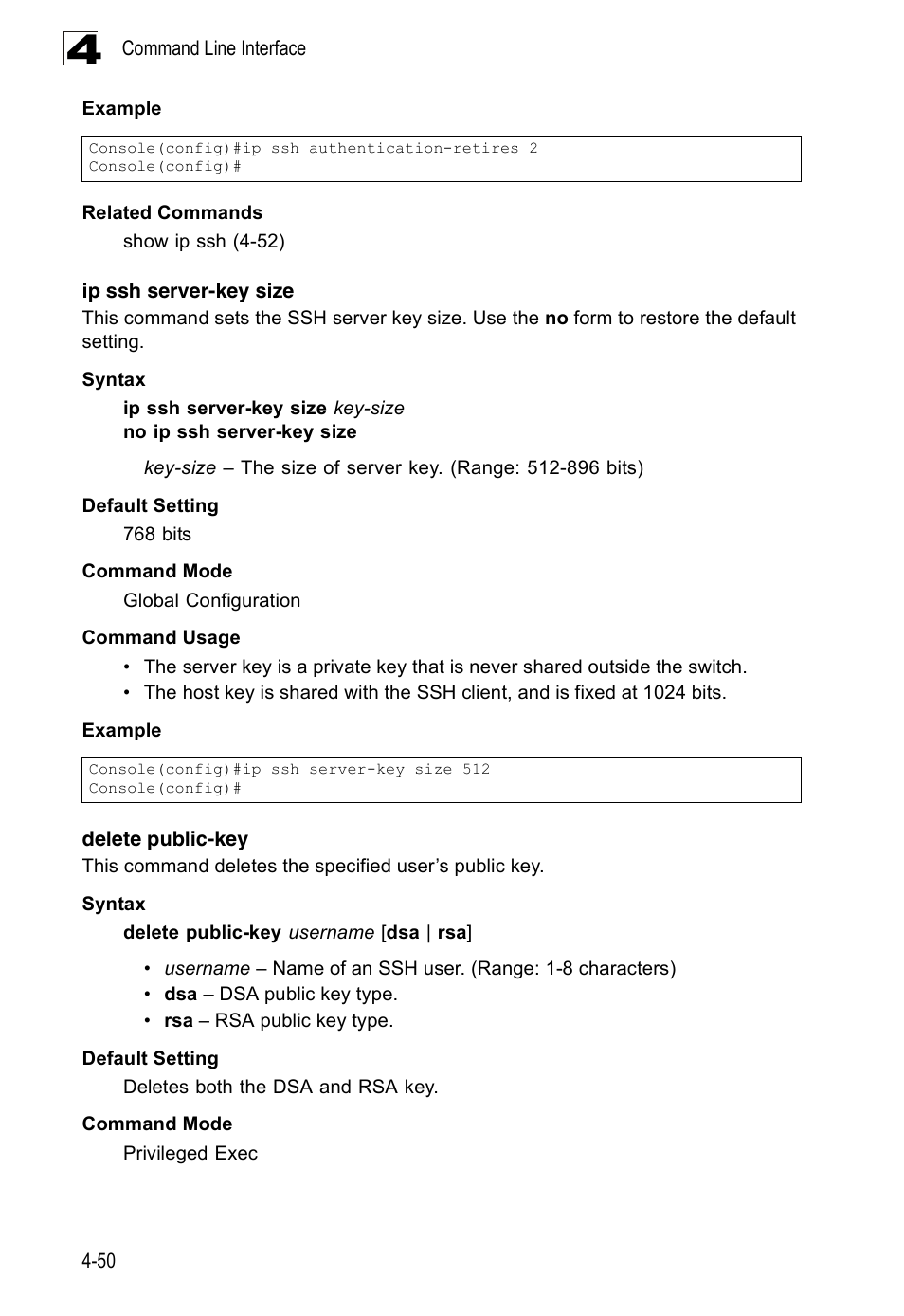 Ip ssh server-key size, Delete public-key | Accton Technology Edge-corE Fast Ethernet Switch ES3528M-SFP User Manual | Page 346 / 644