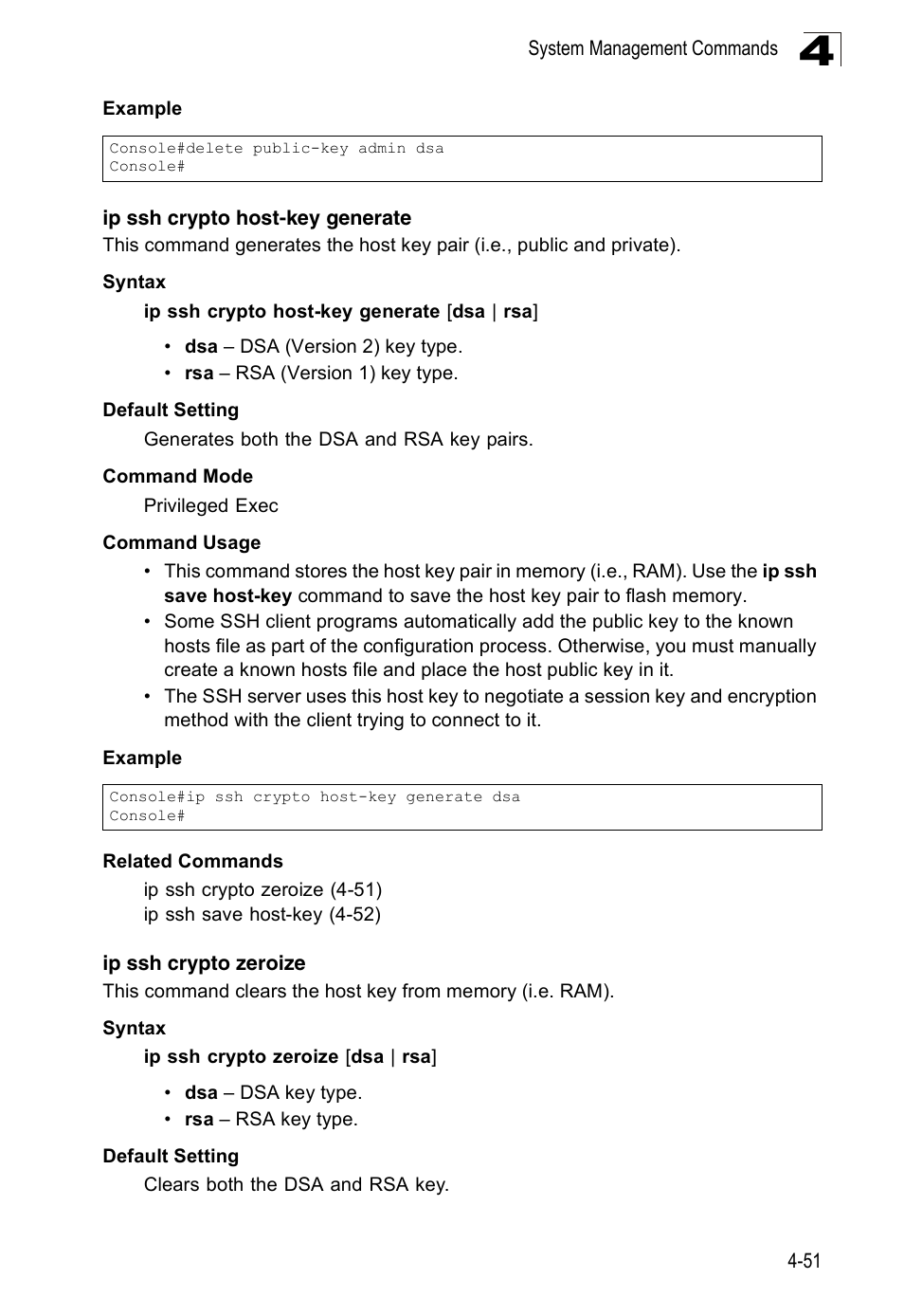 Ip ssh crypto host-key generate, Ip ssh crypto zeroize | Accton Technology Edge-corE Fast Ethernet Switch ES3528M-SFP User Manual | Page 347 / 644