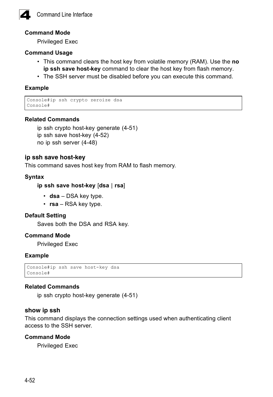 Ip ssh save host-key, Show ip ssh, Ip ssh | Save host-key c, Ip ssh save host-key (4-52) | Accton Technology Edge-corE Fast Ethernet Switch ES3528M-SFP User Manual | Page 348 / 644