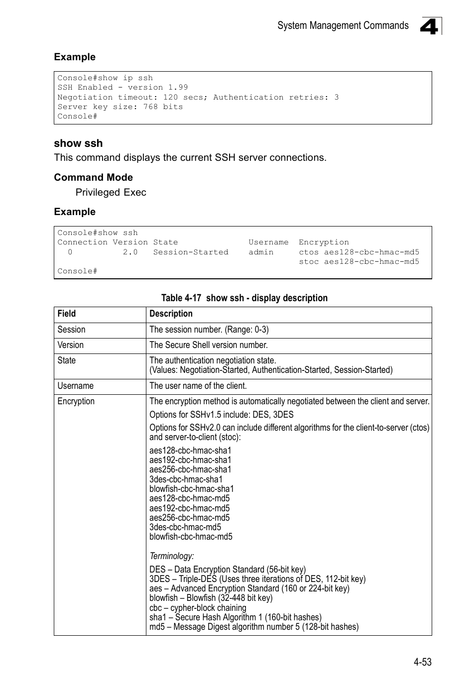 Show ssh, Table 4-17, Show ssh - display description | Accton Technology Edge-corE Fast Ethernet Switch ES3528M-SFP User Manual | Page 349 / 644