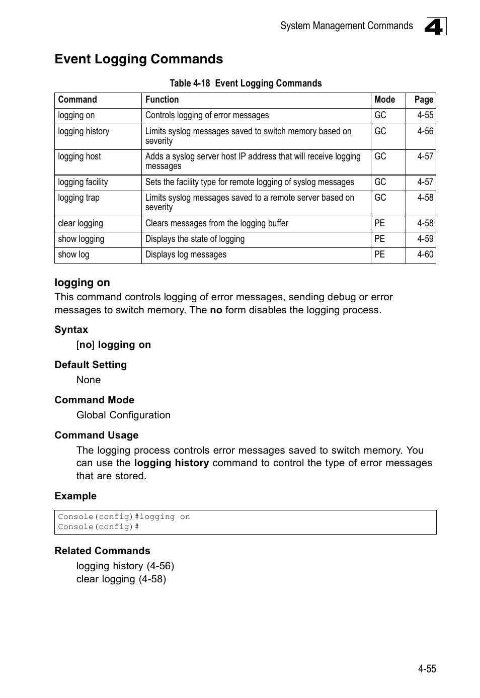 Event logging commands, Logging on, Table 4-18 | Accton Technology Edge-corE Fast Ethernet Switch ES3528M-SFP User Manual | Page 351 / 644