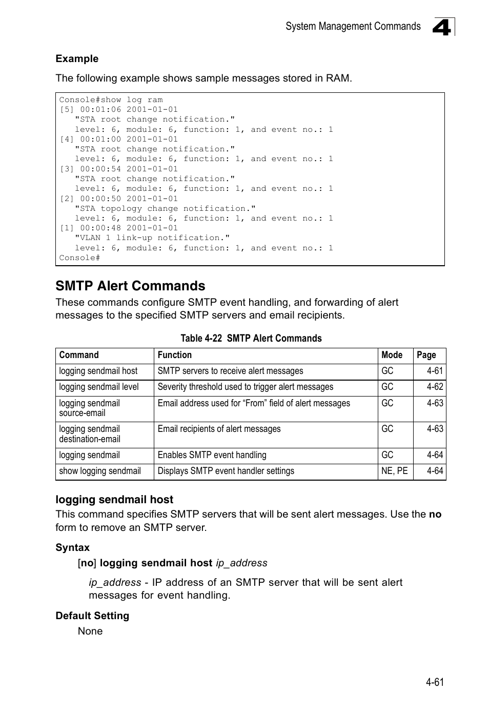 Smtp alert commands, Logging sendmail host, Table 4-22 | Accton Technology Edge-corE Fast Ethernet Switch ES3528M-SFP User Manual | Page 357 / 644
