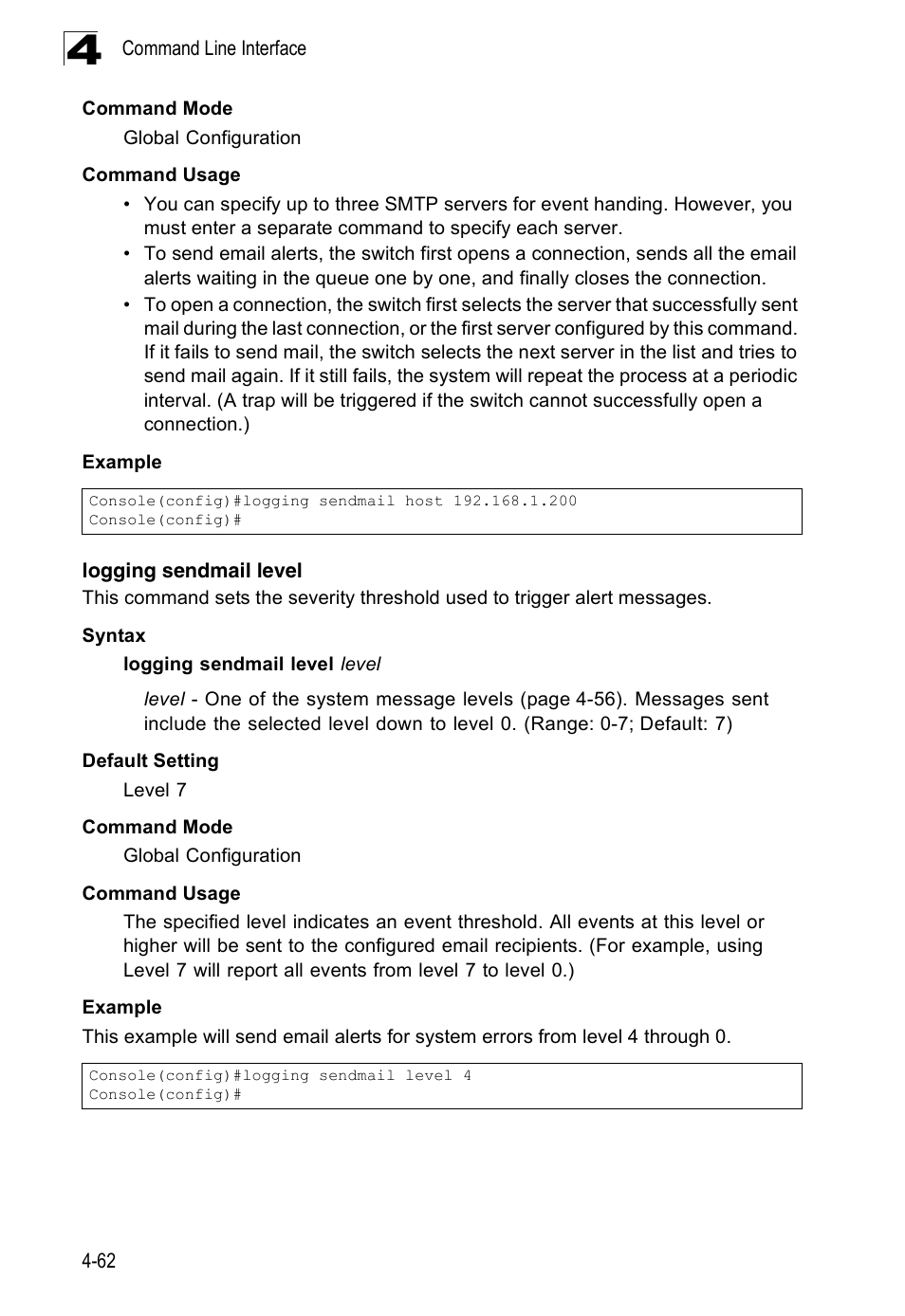Logging sendmail level | Accton Technology Edge-corE Fast Ethernet Switch ES3528M-SFP User Manual | Page 358 / 644