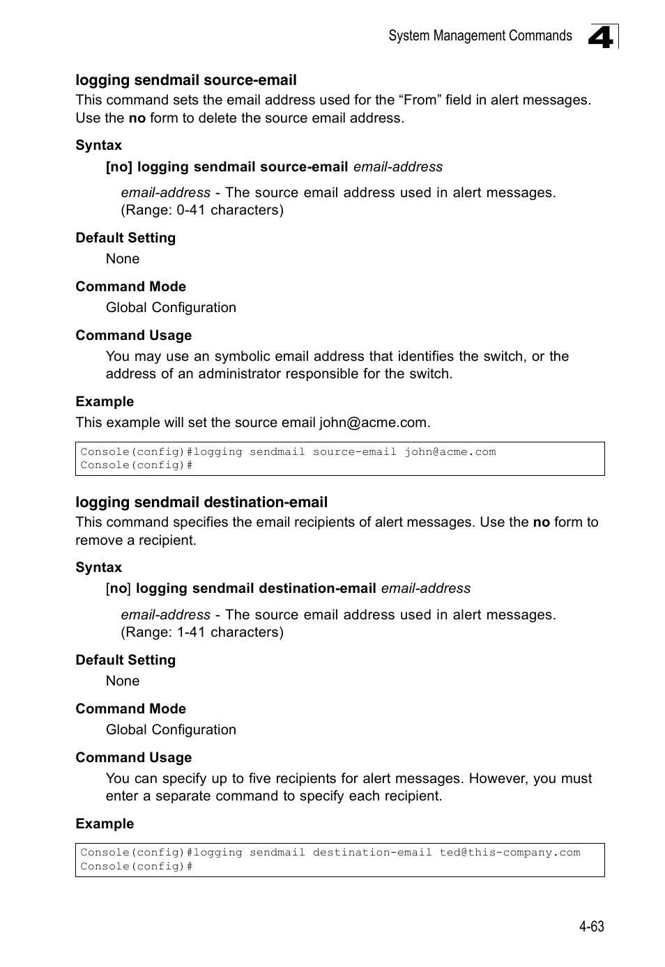 Logging sendmail source-email, Logging sendmail destination-email | Accton Technology Edge-corE Fast Ethernet Switch ES3528M-SFP User Manual | Page 359 / 644