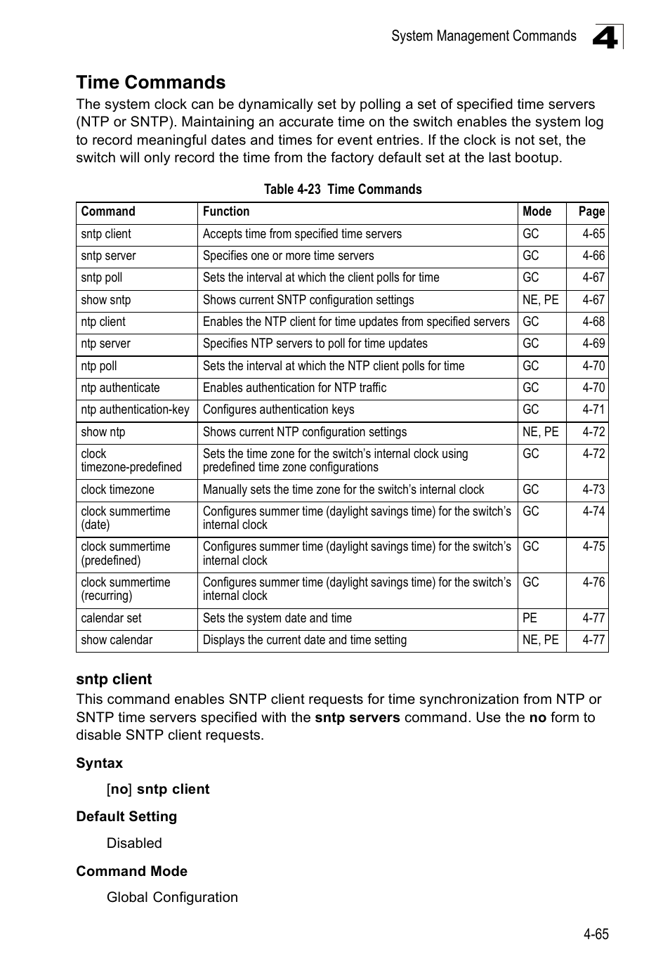 Time commands, Sntp client, Table 4-23 | Accton Technology Edge-corE Fast Ethernet Switch ES3528M-SFP User Manual | Page 361 / 644
