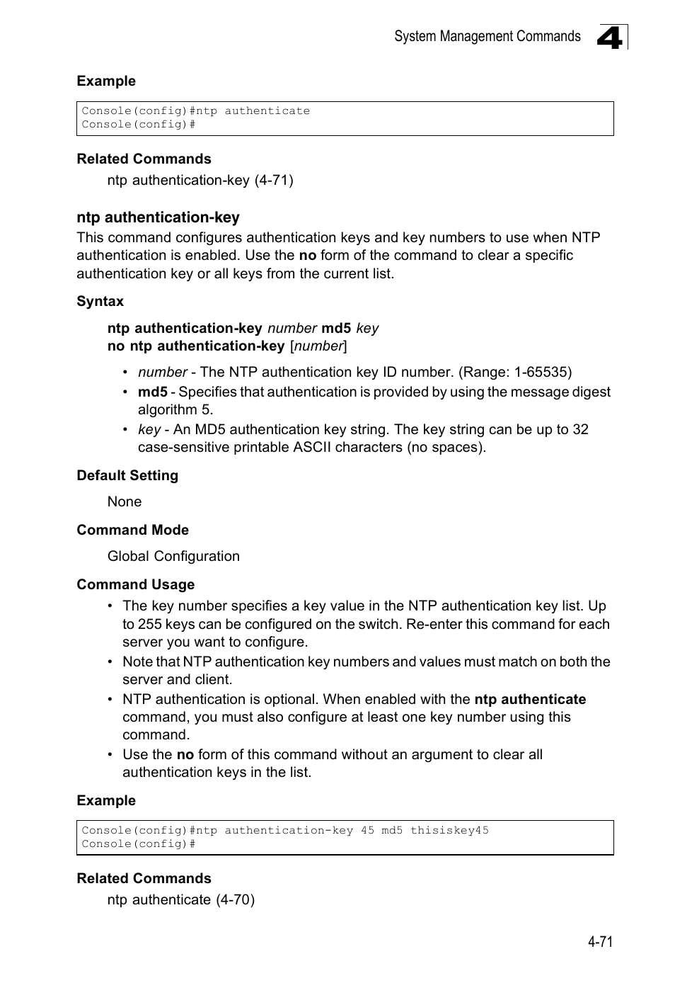 Ntp authentication-key | Accton Technology Edge-corE Fast Ethernet Switch ES3528M-SFP User Manual | Page 367 / 644