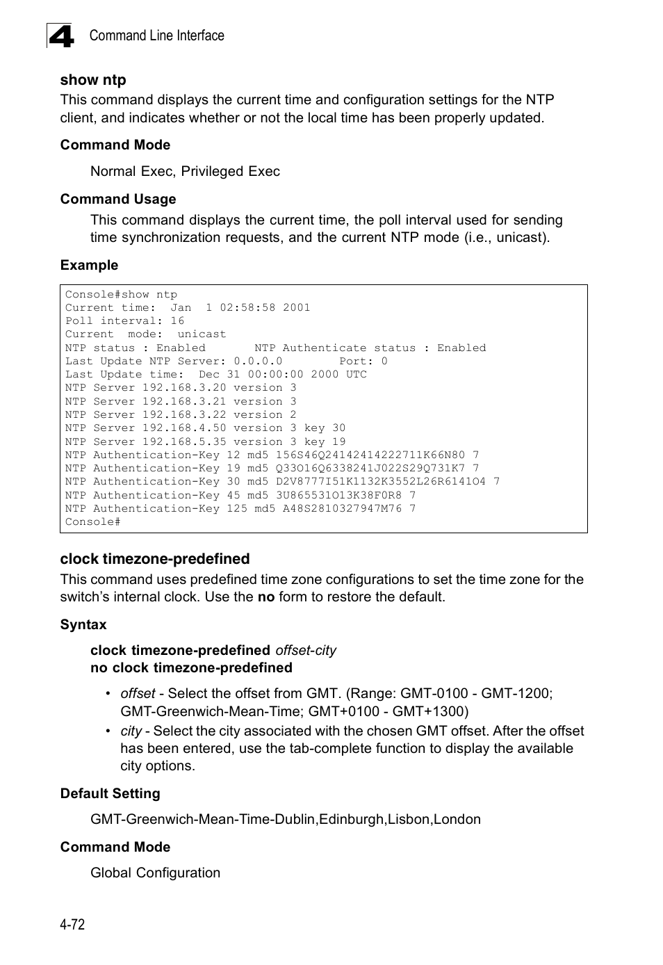 Show ntp, Clock timezone-predefined | Accton Technology Edge-corE Fast Ethernet Switch ES3528M-SFP User Manual | Page 368 / 644