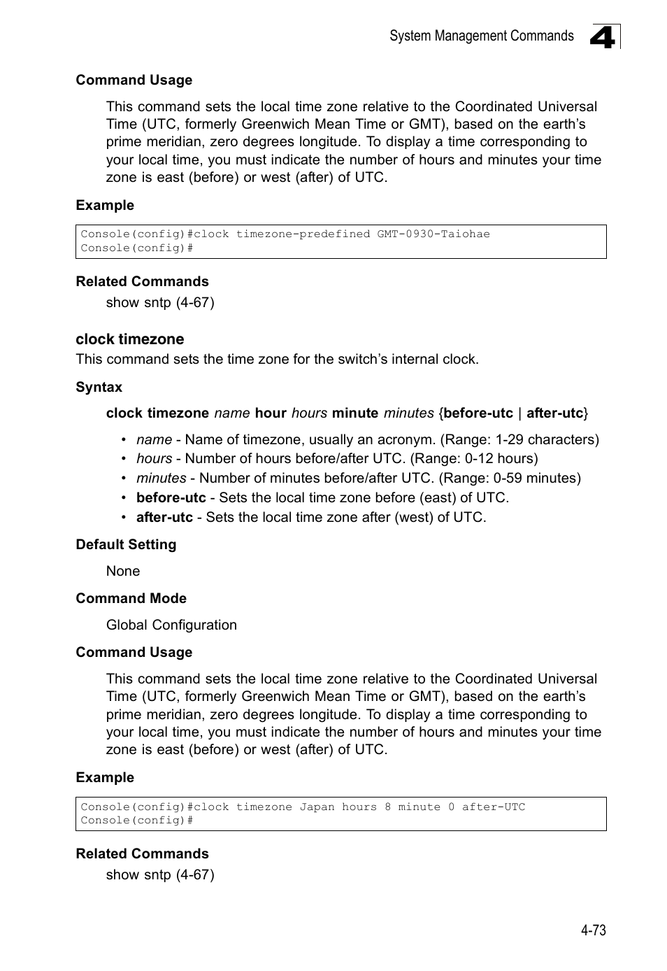 Clock timezone | Accton Technology Edge-corE Fast Ethernet Switch ES3528M-SFP User Manual | Page 369 / 644