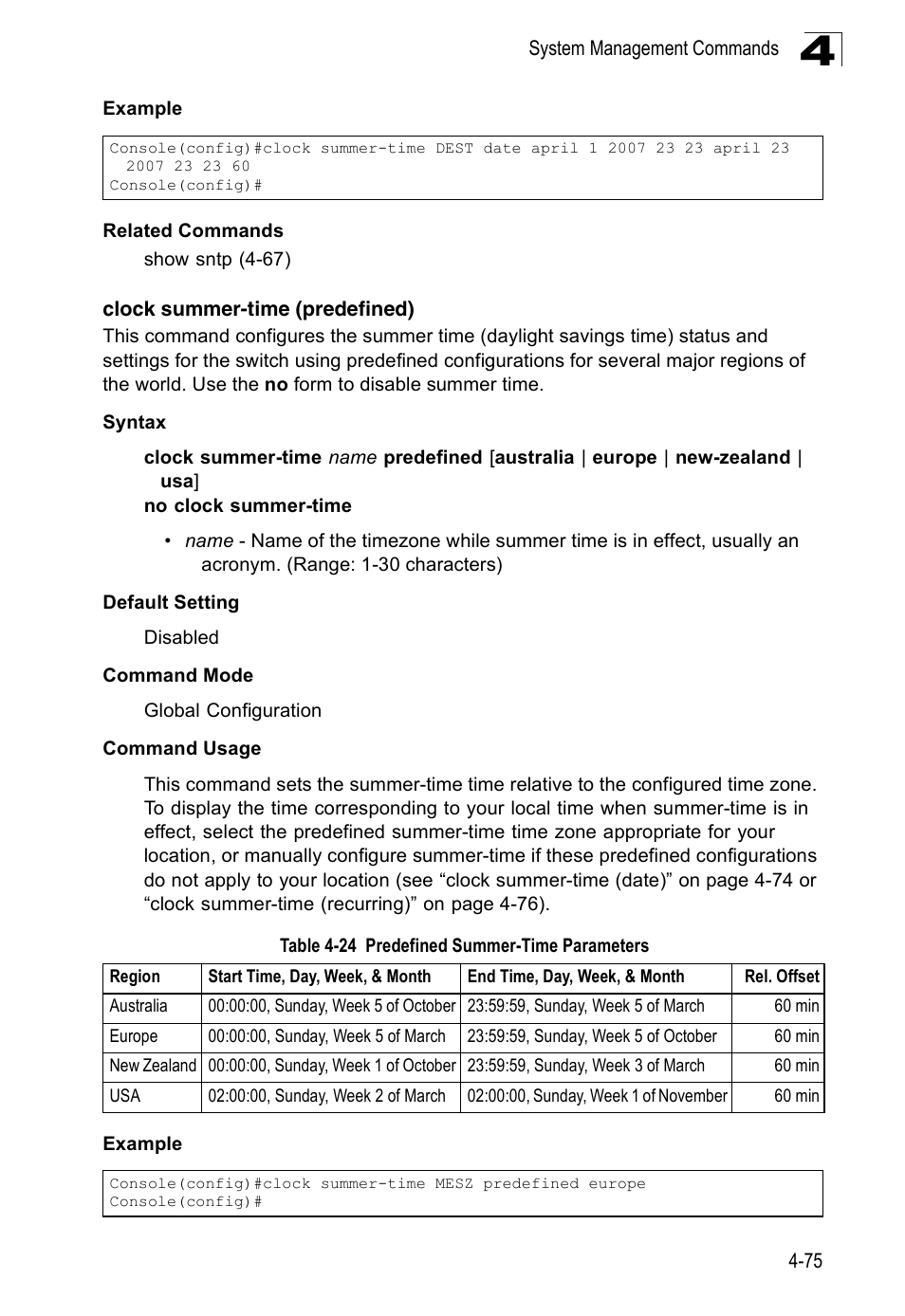 Clock summer-time (predefined), Table 4-24, Predefined summer-time parameters | Accton Technology Edge-corE Fast Ethernet Switch ES3528M-SFP User Manual | Page 371 / 644