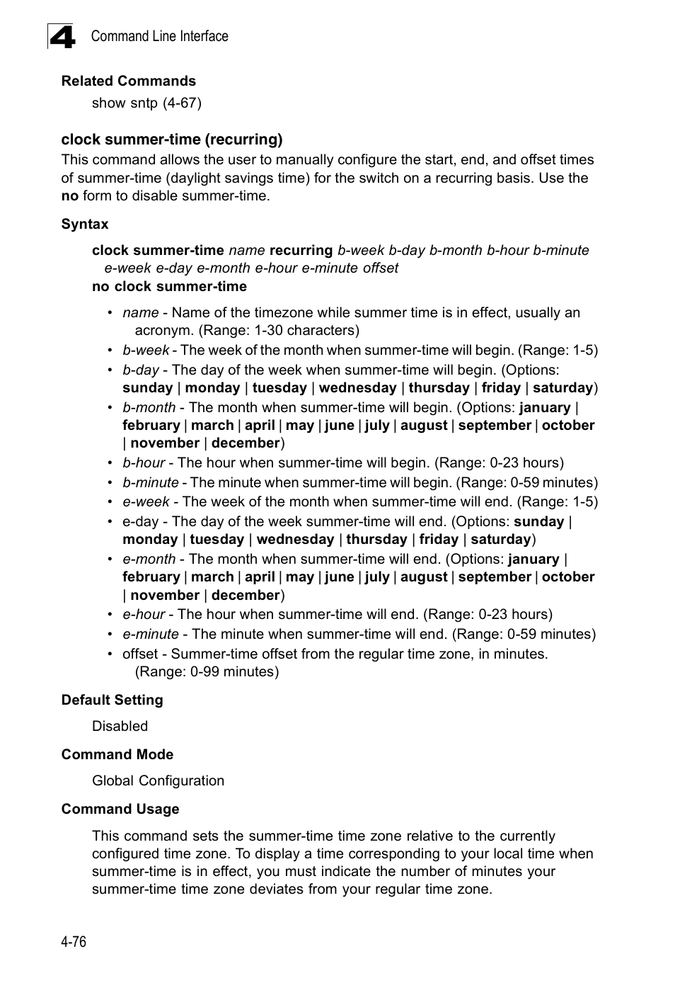 Clock summer-time (recurring) | Accton Technology Edge-corE Fast Ethernet Switch ES3528M-SFP User Manual | Page 372 / 644