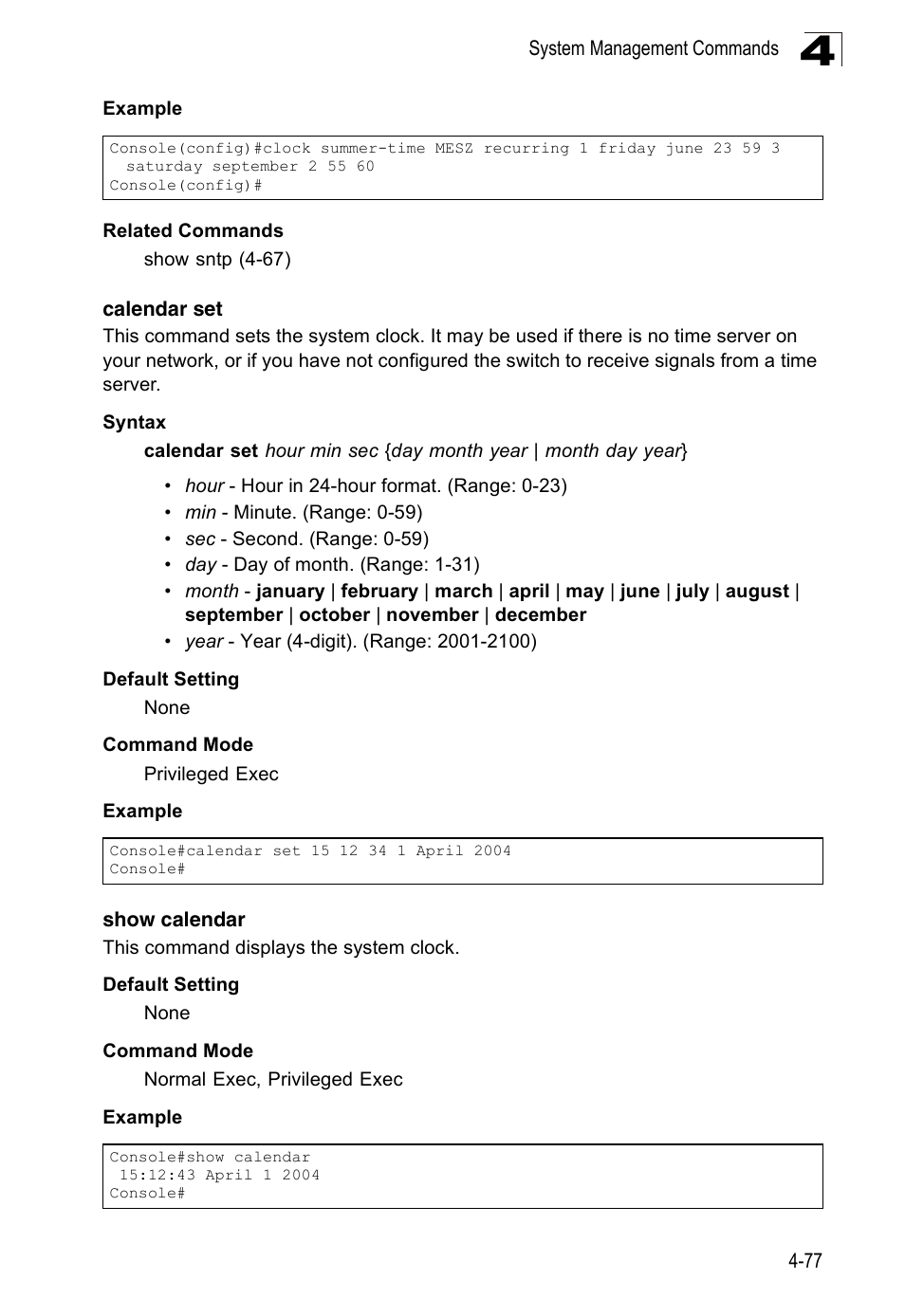 Calendar set, Show calendar | Accton Technology Edge-corE Fast Ethernet Switch ES3528M-SFP User Manual | Page 373 / 644