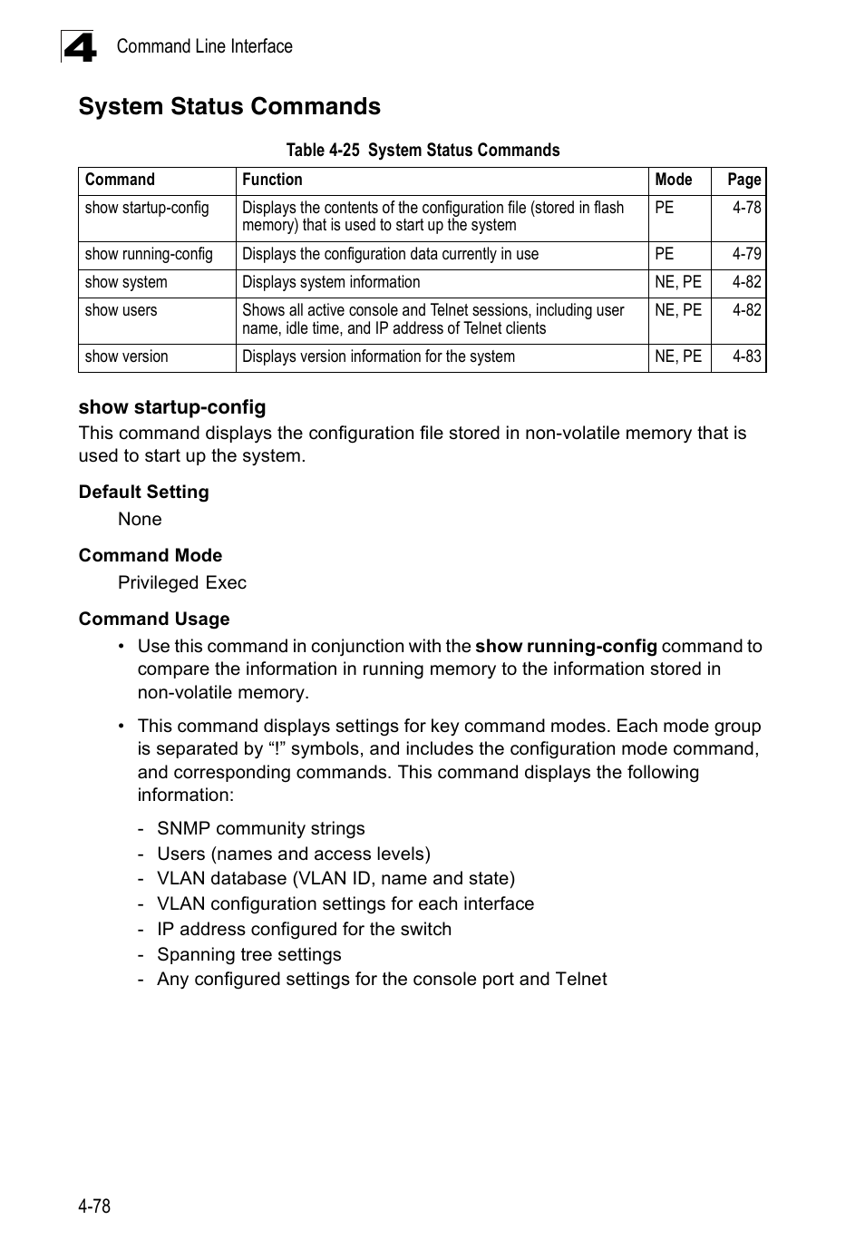 System status commands, Show startup-config, Table 4-25 | Accton Technology Edge-corE Fast Ethernet Switch ES3528M-SFP User Manual | Page 374 / 644