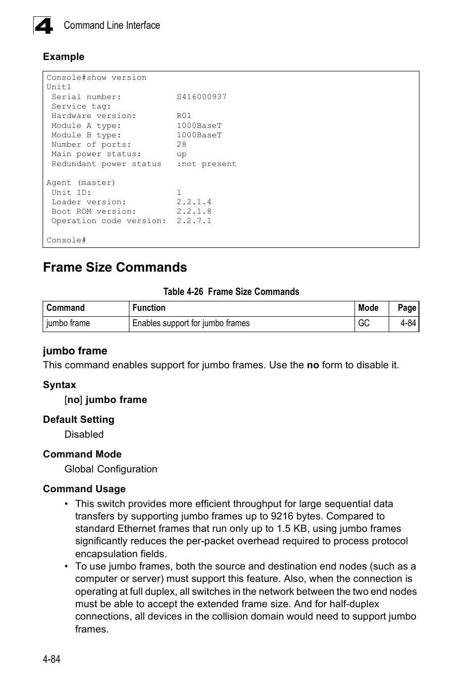 Frame size commands, Jumbo frame, Table 4-26 | Accton Technology Edge-corE Fast Ethernet Switch ES3528M-SFP User Manual | Page 380 / 644