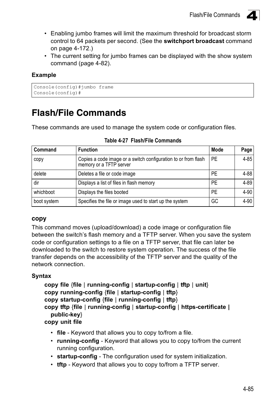Flash/file commands, Copy, Copy 4-85 | Table 4-27 | Accton Technology Edge-corE Fast Ethernet Switch ES3528M-SFP User Manual | Page 381 / 644