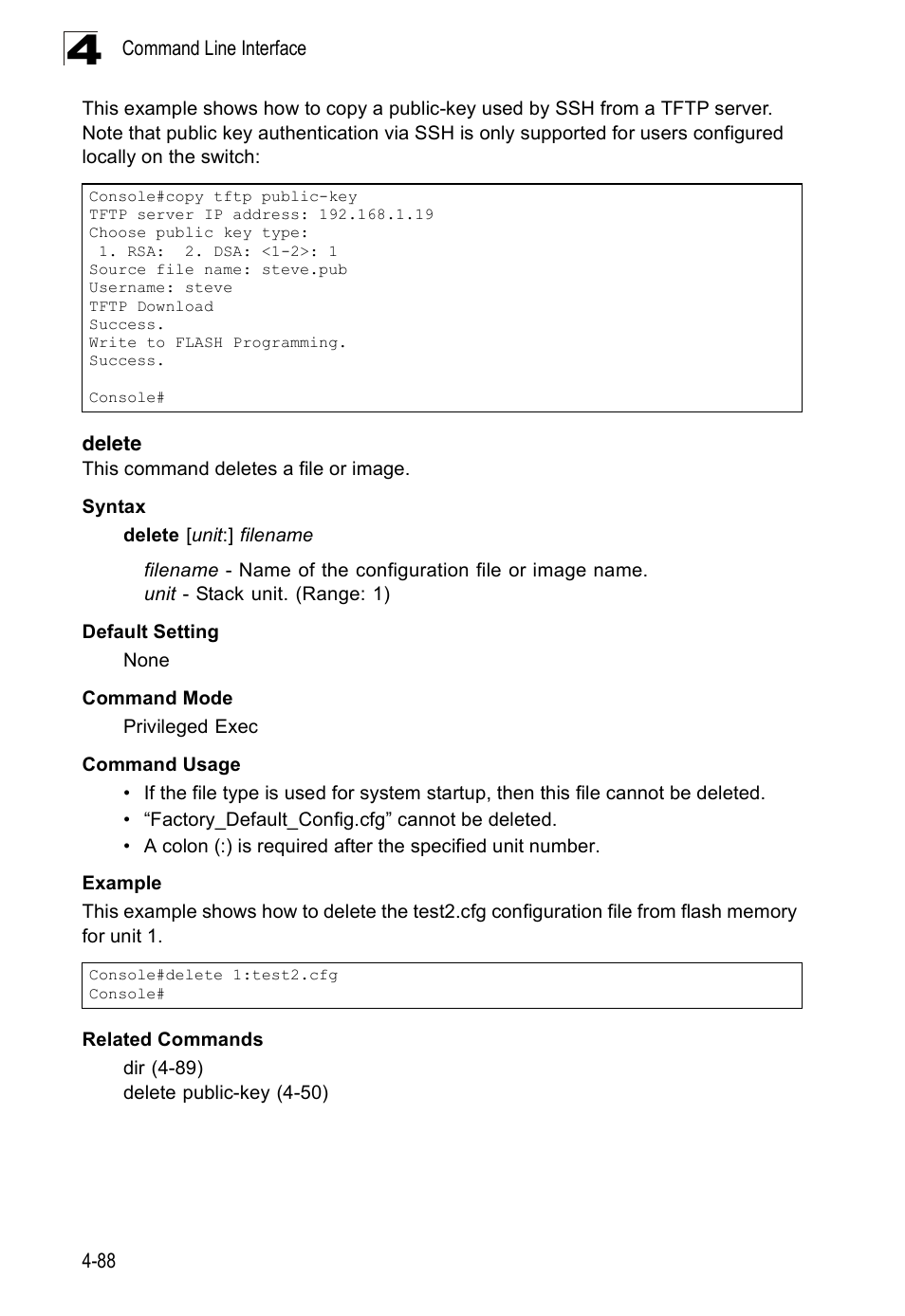 Delete, Delete 4-88 | Accton Technology Edge-corE Fast Ethernet Switch ES3528M-SFP User Manual | Page 384 / 644
