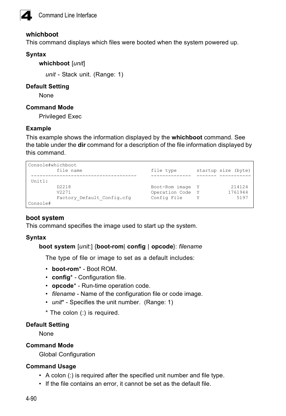 Whichboot, Boot system, Whichboot 4-90 boot system | Accton Technology Edge-corE Fast Ethernet Switch ES3528M-SFP User Manual | Page 386 / 644