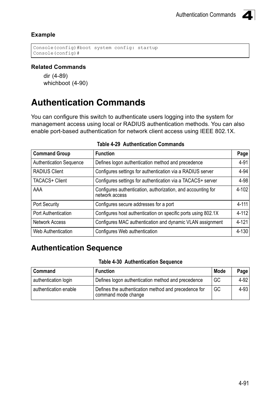 Authentication commands, Authentication sequence, Table 4-29 | Table 4-30 | Accton Technology Edge-corE Fast Ethernet Switch ES3528M-SFP User Manual | Page 387 / 644