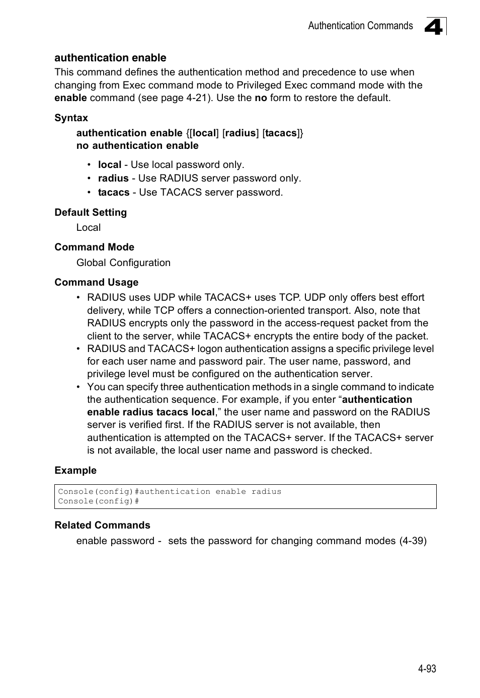 Authentication enable, Authentication enable (4-93) | Accton Technology Edge-corE Fast Ethernet Switch ES3528M-SFP User Manual | Page 389 / 644