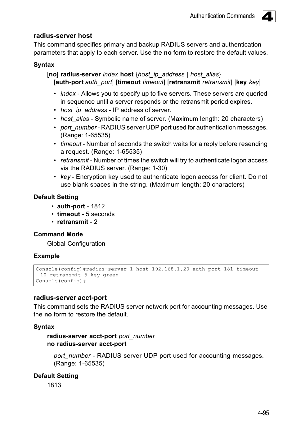 Radius-server host, Radius-server acct-port | Accton Technology Edge-corE Fast Ethernet Switch ES3528M-SFP User Manual | Page 391 / 644