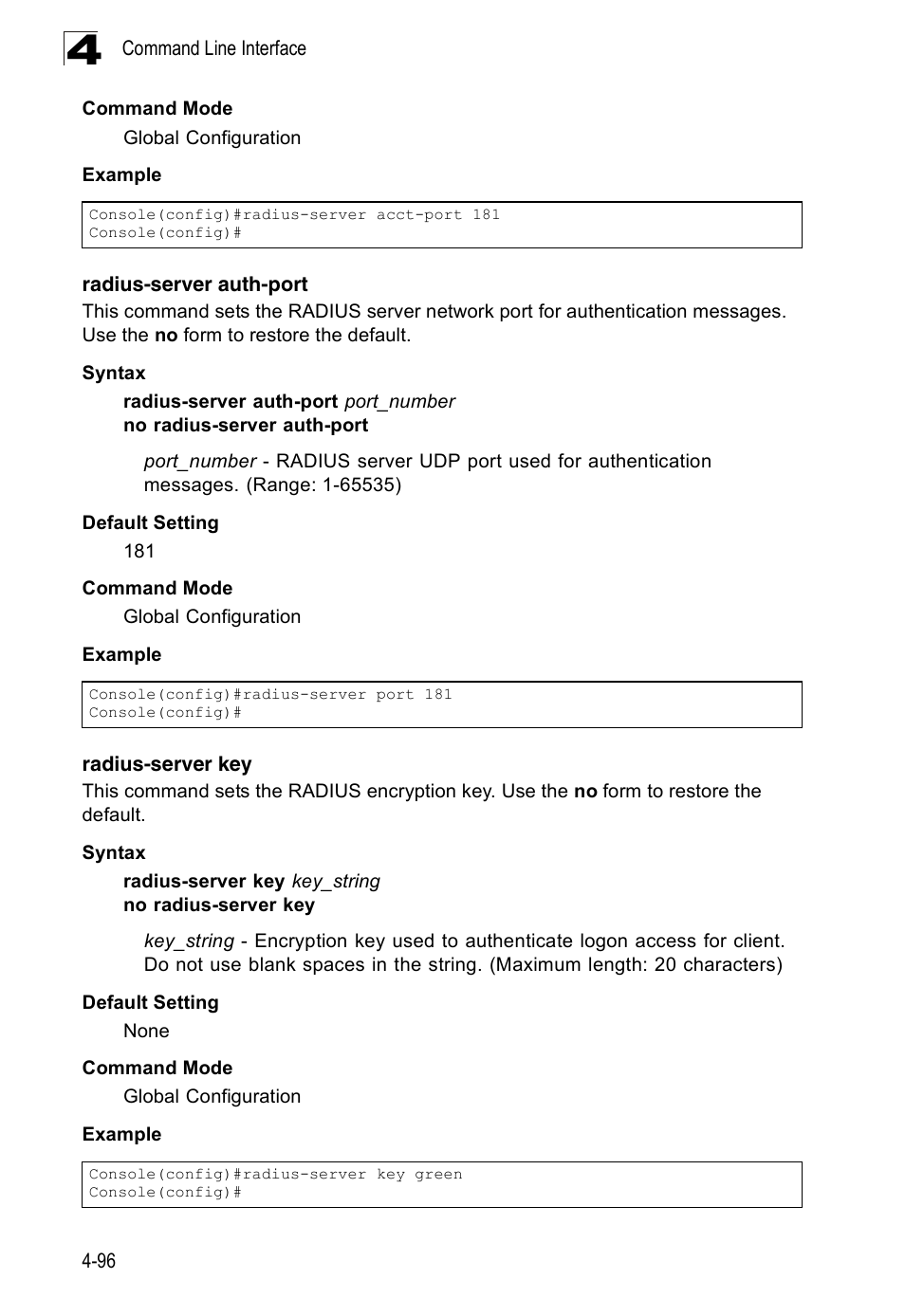 Radius-server auth-port, Radius-server key | Accton Technology Edge-corE Fast Ethernet Switch ES3528M-SFP User Manual | Page 392 / 644