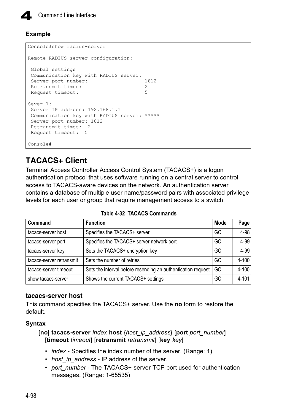 Tacacs+ client, Tacacs-server host, Table 4-32 | Tacacs commands | Accton Technology Edge-corE Fast Ethernet Switch ES3528M-SFP User Manual | Page 394 / 644