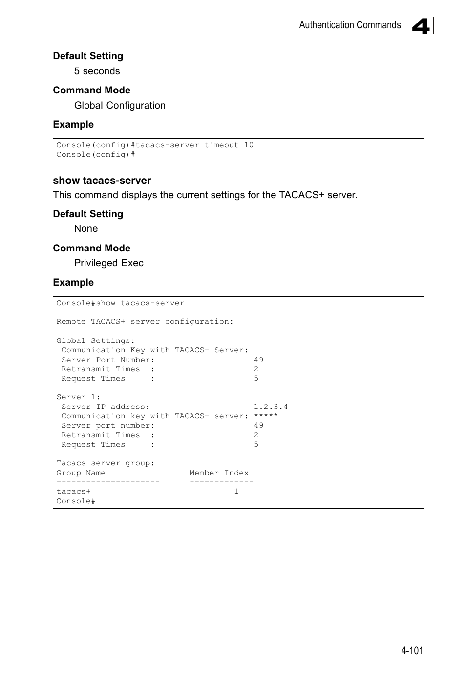 Show tacacs-server | Accton Technology Edge-corE Fast Ethernet Switch ES3528M-SFP User Manual | Page 397 / 644