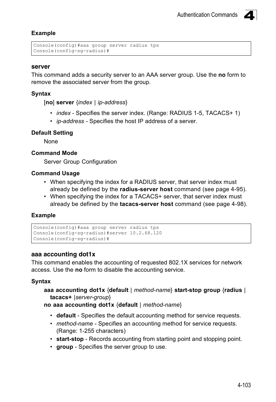 Server 4-103 aaa accounting dot1x | Accton Technology Edge-corE Fast Ethernet Switch ES3528M-SFP User Manual | Page 399 / 644