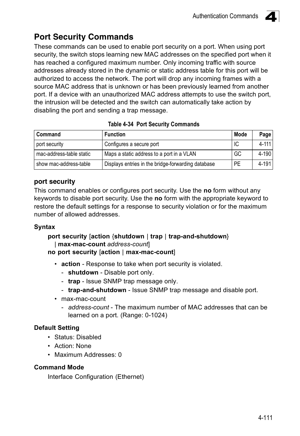 Port security commands, Port security, Table 4-34 | Accton Technology Edge-corE Fast Ethernet Switch ES3528M-SFP User Manual | Page 407 / 644
