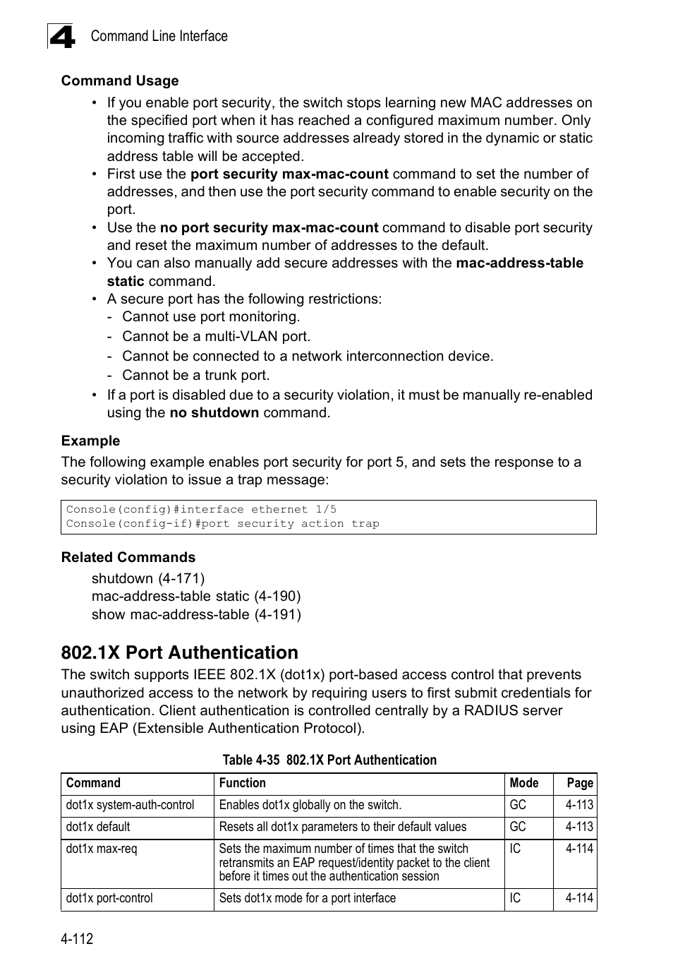 1x port authentication, Table 4-35 | Accton Technology Edge-corE Fast Ethernet Switch ES3528M-SFP User Manual | Page 408 / 644