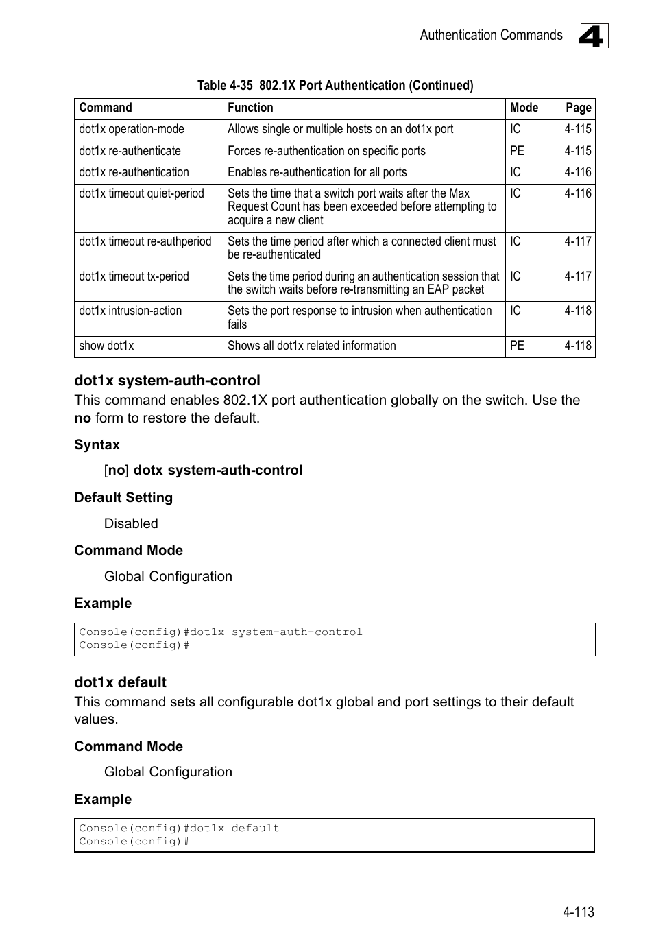 Dot1x system-auth-control, Dot1x default | Accton Technology Edge-corE Fast Ethernet Switch ES3528M-SFP User Manual | Page 409 / 644
