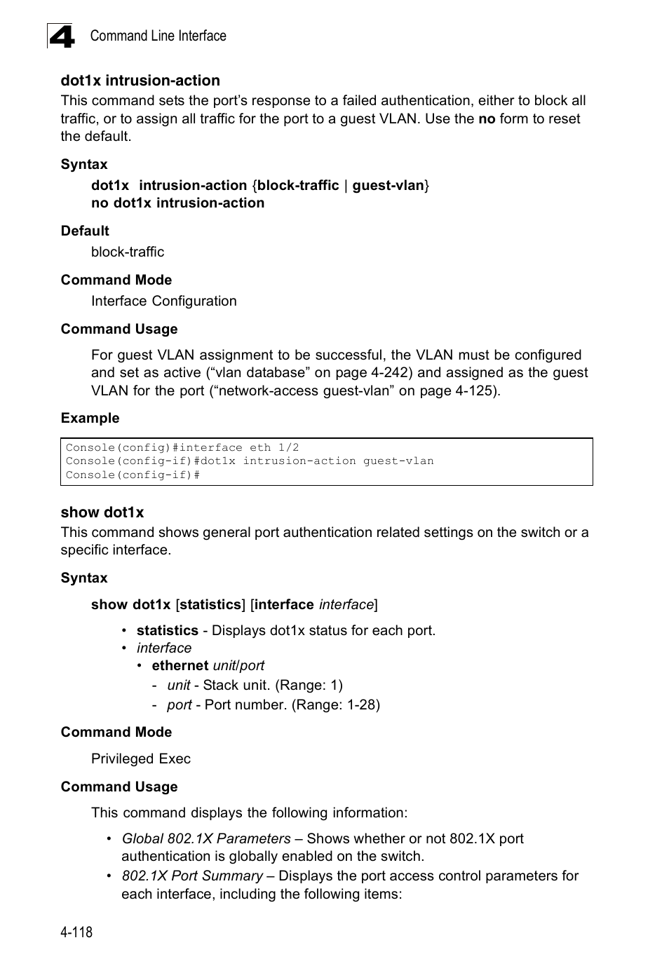 Dot1x intrusion-action, Show dot1x | Accton Technology Edge-corE Fast Ethernet Switch ES3528M-SFP User Manual | Page 414 / 644