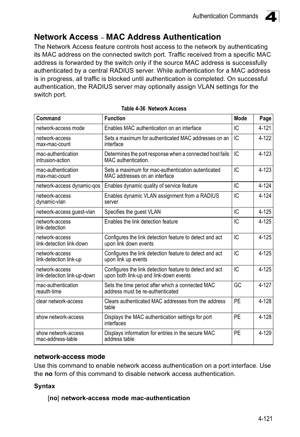 Network access - mac address authentication, Network access – mac address authentication, Network-access mode | Table 4-36, Network access, Mac address authentication | Accton Technology Edge-corE Fast Ethernet Switch ES3528M-SFP User Manual | Page 417 / 644