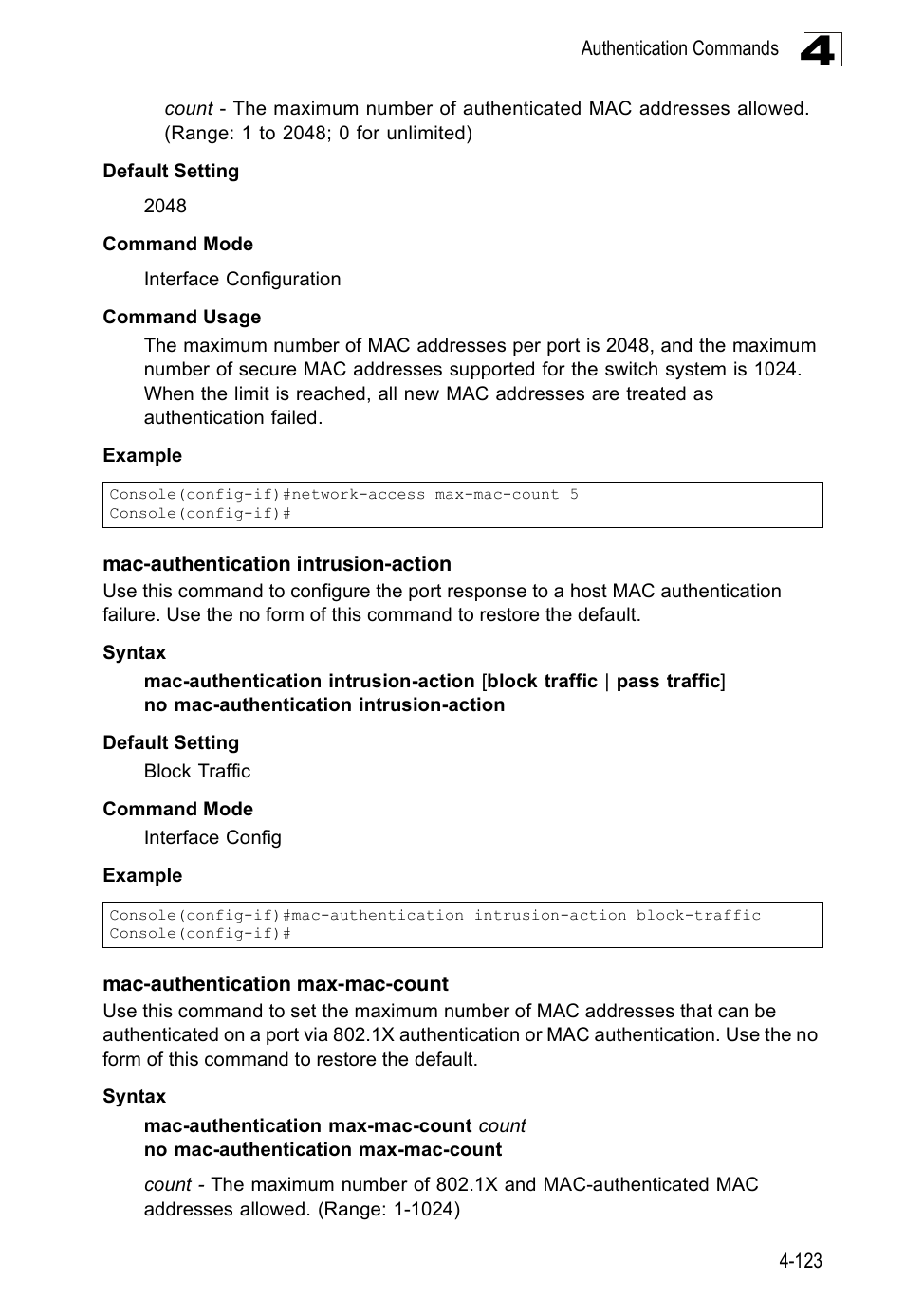 Mac-authentication intrusion-action, Mac-authentication max-mac-count | Accton Technology Edge-corE Fast Ethernet Switch ES3528M-SFP User Manual | Page 419 / 644