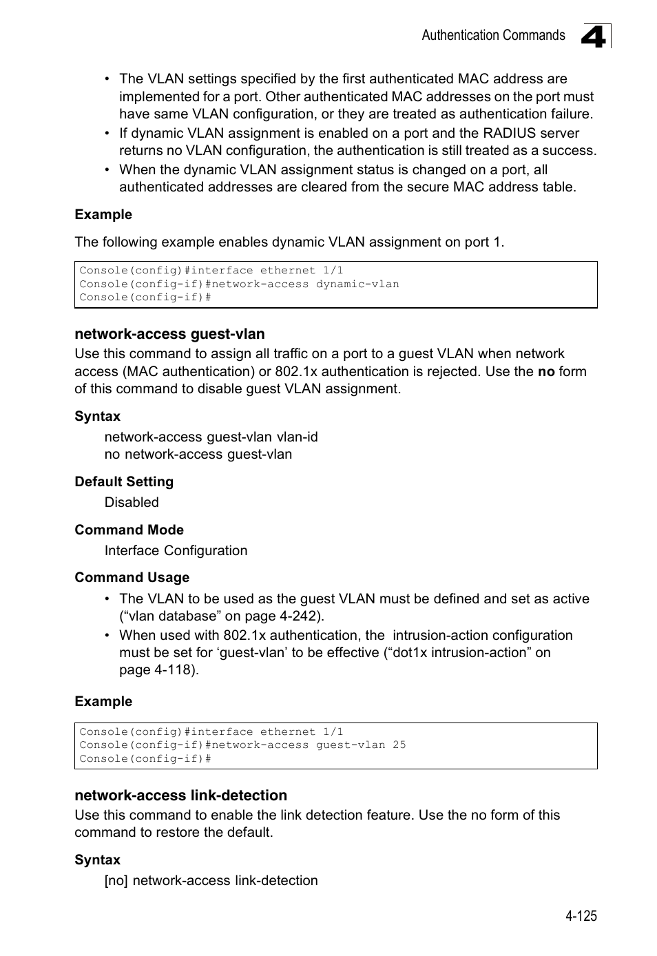 Network-access guest-vlan, Network-access link-detection | Accton Technology Edge-corE Fast Ethernet Switch ES3528M-SFP User Manual | Page 421 / 644