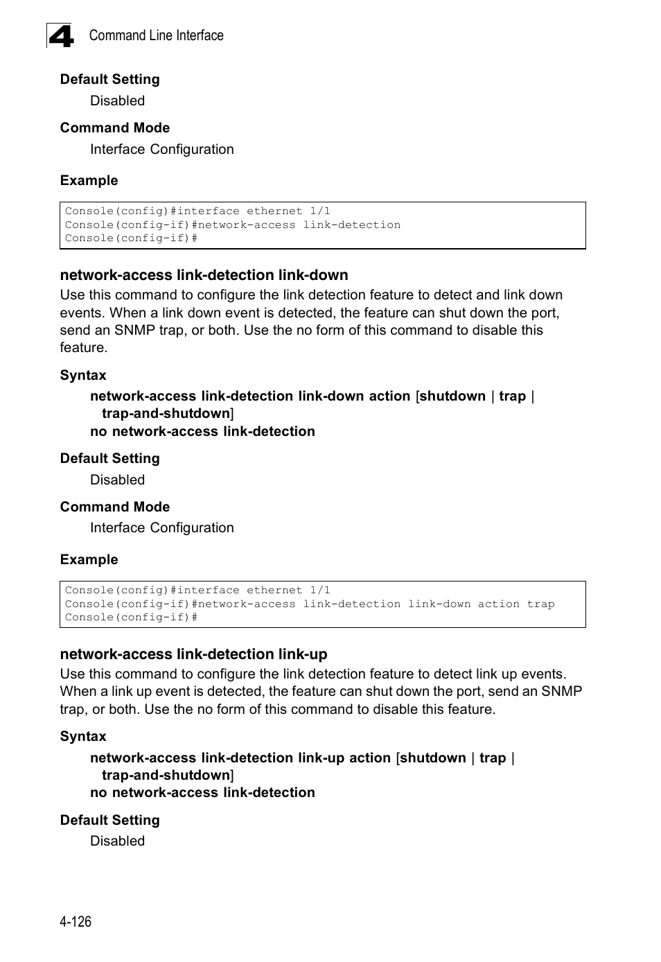 Network-access link-detection link-down, Network-access link-detection link-up | Accton Technology Edge-corE Fast Ethernet Switch ES3528M-SFP User Manual | Page 422 / 644