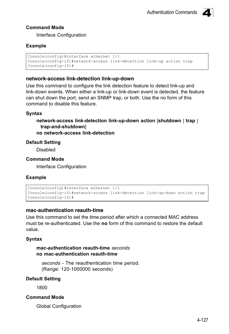 Network-access link-detection link-up-down, Mac-authentication reauth-time | Accton Technology Edge-corE Fast Ethernet Switch ES3528M-SFP User Manual | Page 423 / 644