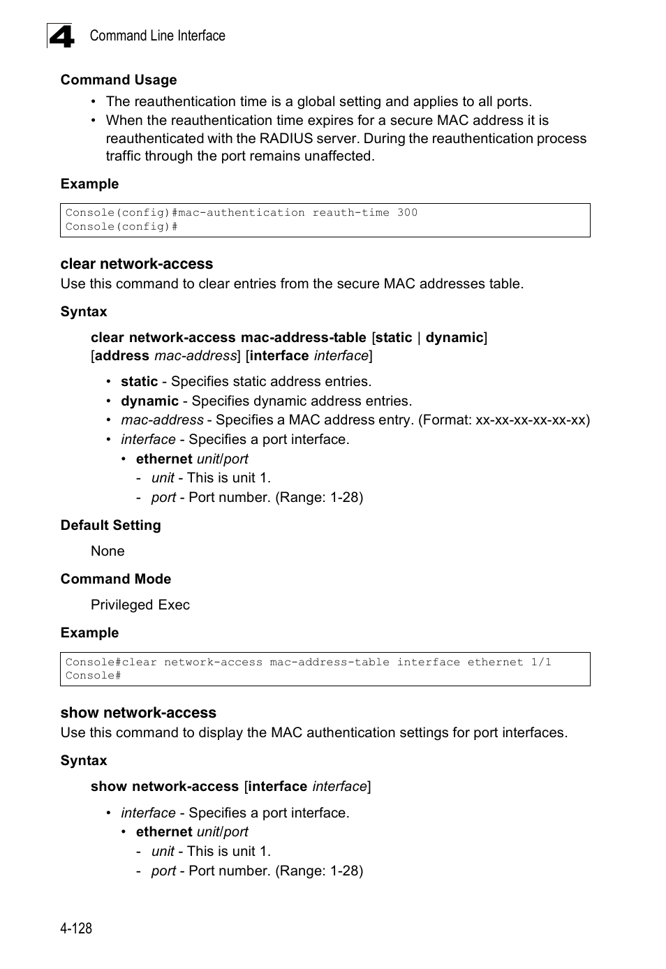 Clear network-access, Show network-access | Accton Technology Edge-corE Fast Ethernet Switch ES3528M-SFP User Manual | Page 424 / 644