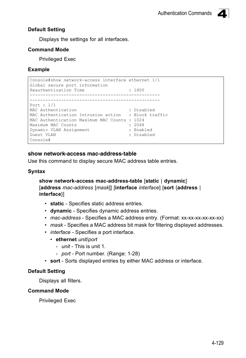 Show network-access mac-address-table | Accton Technology Edge-corE Fast Ethernet Switch ES3528M-SFP User Manual | Page 425 / 644
