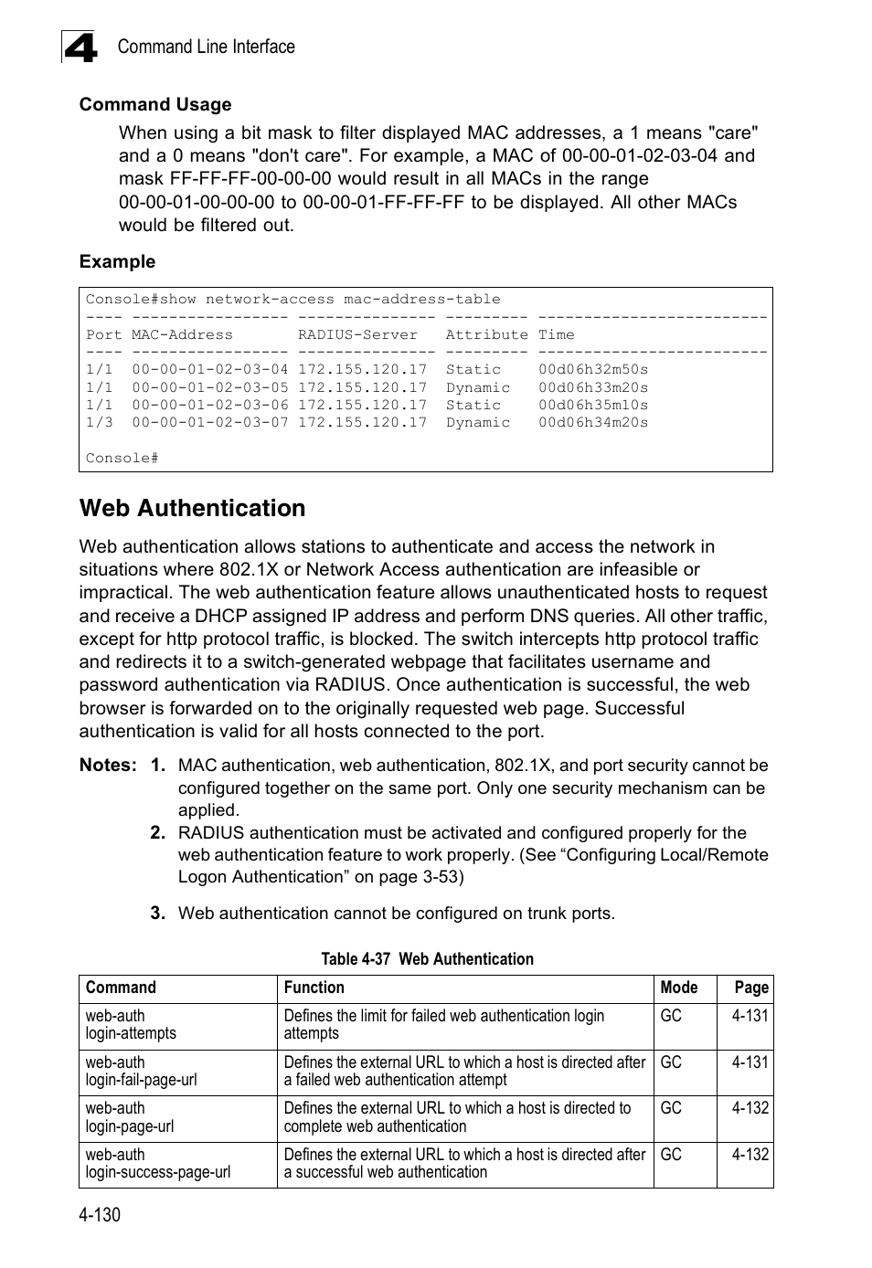 Web authentication, Table 4-37 | Accton Technology Edge-corE Fast Ethernet Switch ES3528M-SFP User Manual | Page 426 / 644
