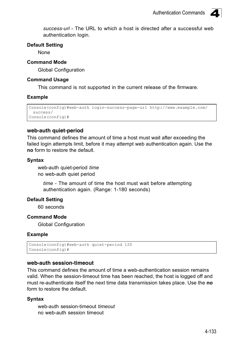 Web-auth quiet-period, Web-auth session-timeout | Accton Technology Edge-corE Fast Ethernet Switch ES3528M-SFP User Manual | Page 429 / 644