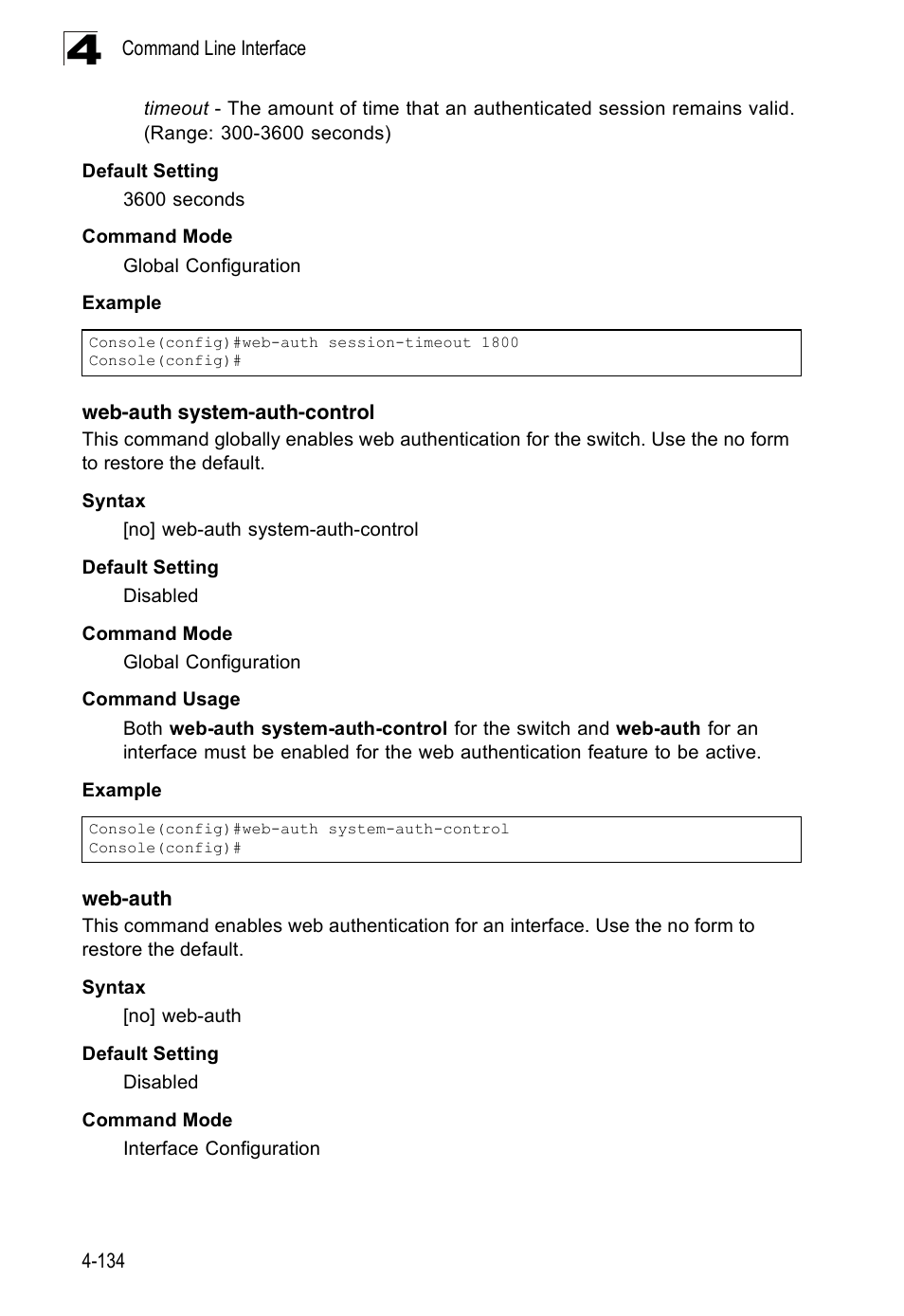 Web-auth system-auth-control, Web-auth 4-134 | Accton Technology Edge-corE Fast Ethernet Switch ES3528M-SFP User Manual | Page 430 / 644