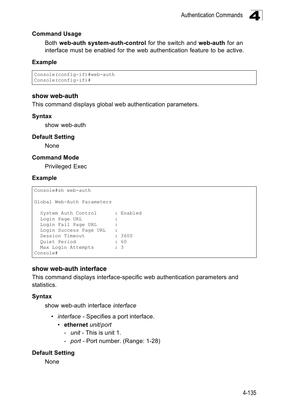 Show web-auth, Show web-auth interface | Accton Technology Edge-corE Fast Ethernet Switch ES3528M-SFP User Manual | Page 431 / 644
