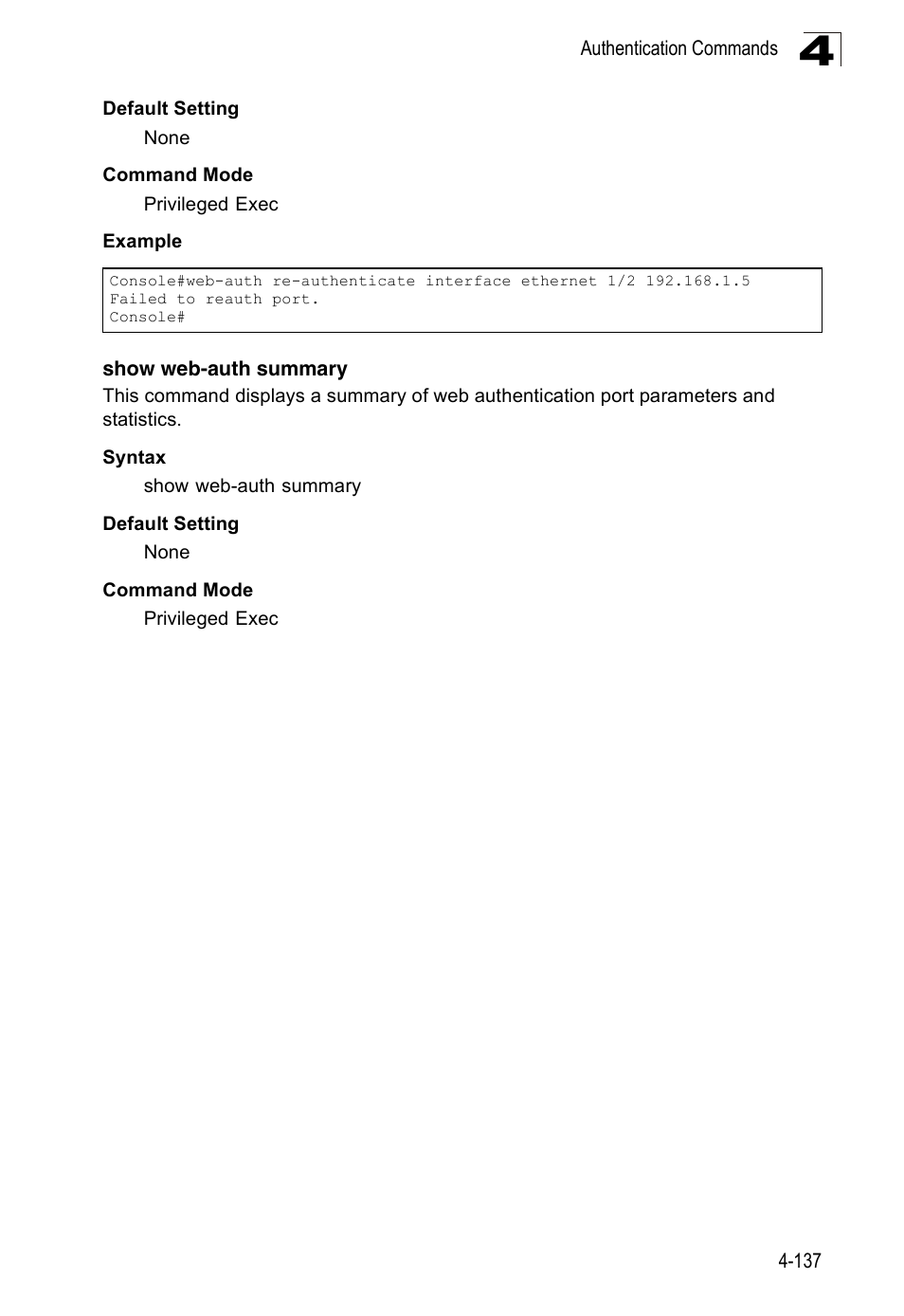 Show web-auth summary | Accton Technology Edge-corE Fast Ethernet Switch ES3528M-SFP User Manual | Page 433 / 644