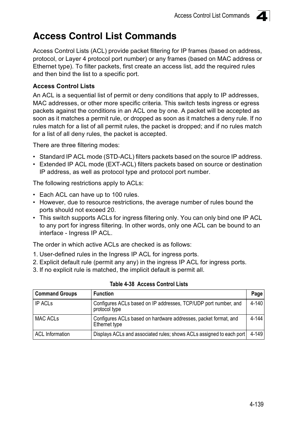 Access control list commands, Table 4-38, Access control lists | Accton Technology Edge-corE Fast Ethernet Switch ES3528M-SFP User Manual | Page 435 / 644