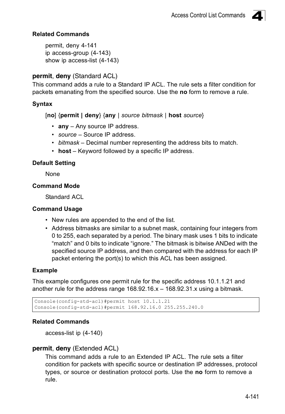 Permit, deny (standard acl), Permit, deny (extended acl) | Accton Technology Edge-corE Fast Ethernet Switch ES3528M-SFP User Manual | Page 437 / 644