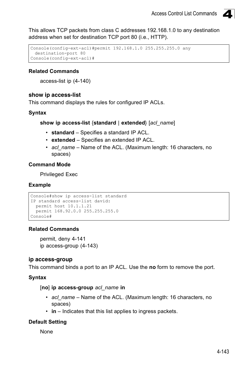 Show ip access-list, Ip access-group | Accton Technology Edge-corE Fast Ethernet Switch ES3528M-SFP User Manual | Page 439 / 644