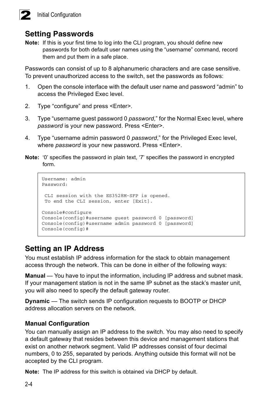 Setting passwords, Setting an ip address, Manual configuration | Accton Technology Edge-corE Fast Ethernet Switch ES3528M-SFP User Manual | Page 44 / 644